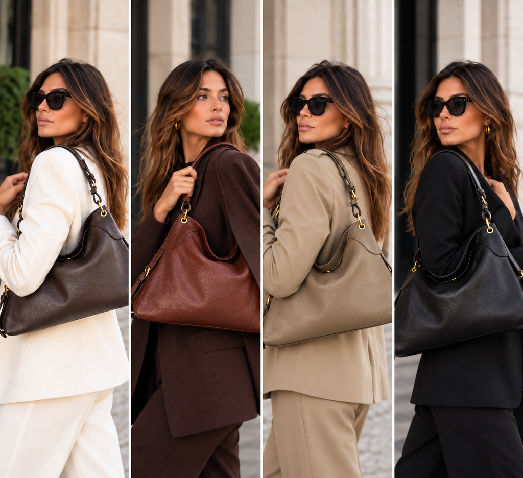 Borsa Aurora indossata nei colori Testa di moro, Moka, Taupe e Nero