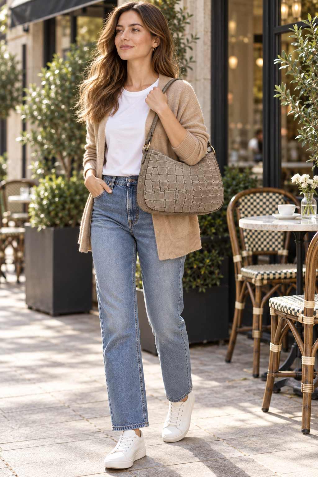 Borsa Hobo Elena taupe indossata a spalla