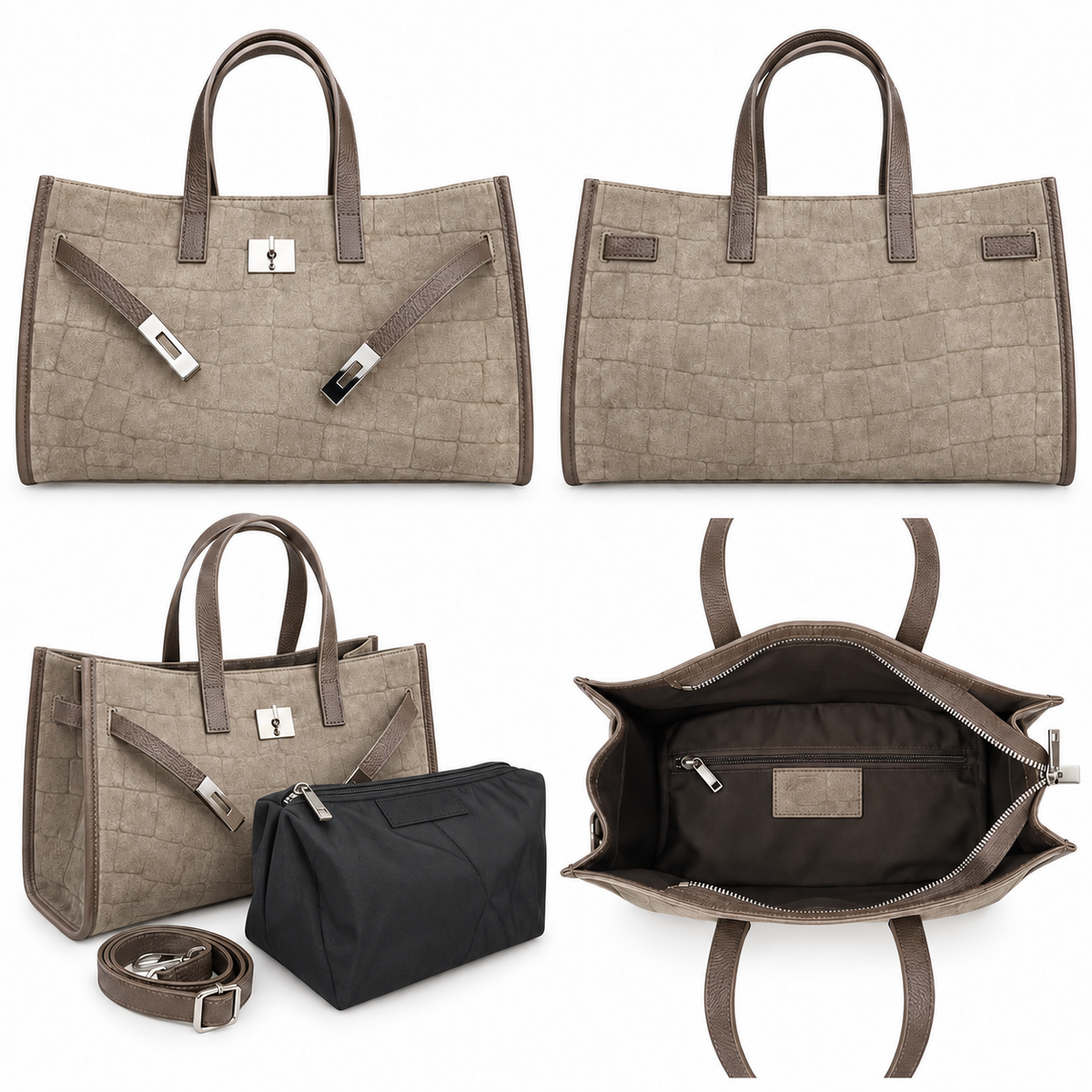 Borsa Vittoria taupe con pochette interna in tessuto nero