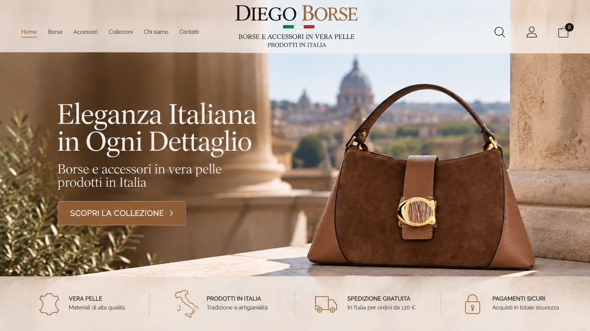 Diego Borse: borse in vera pelle prodotte in Italia. Spedizione gratuita in Italia per ordini da 120 euro.