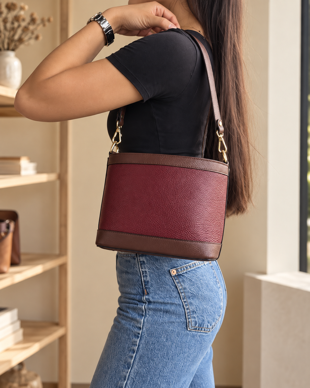 Borsa Giulia bicolore bordeaux indossata da modella