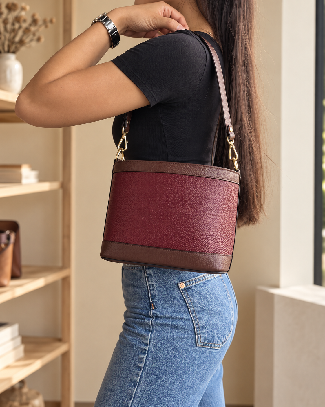 Borsa Giulia bicolore bordeaux indossata da modella