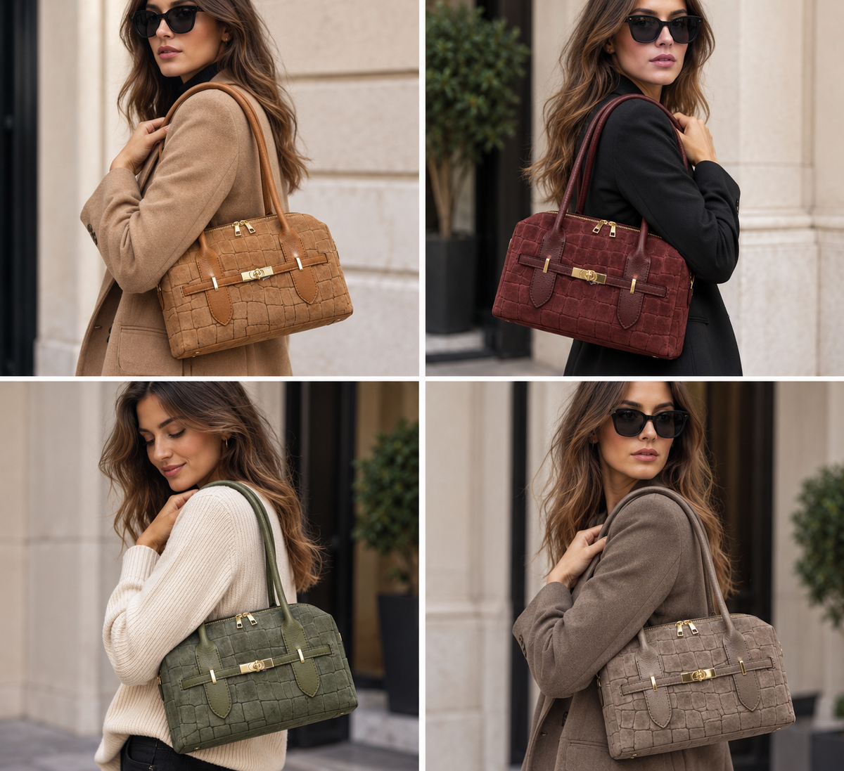 Lavinia Bag indossata nei colori Cuoio Bordeaux Oliva e Taupe