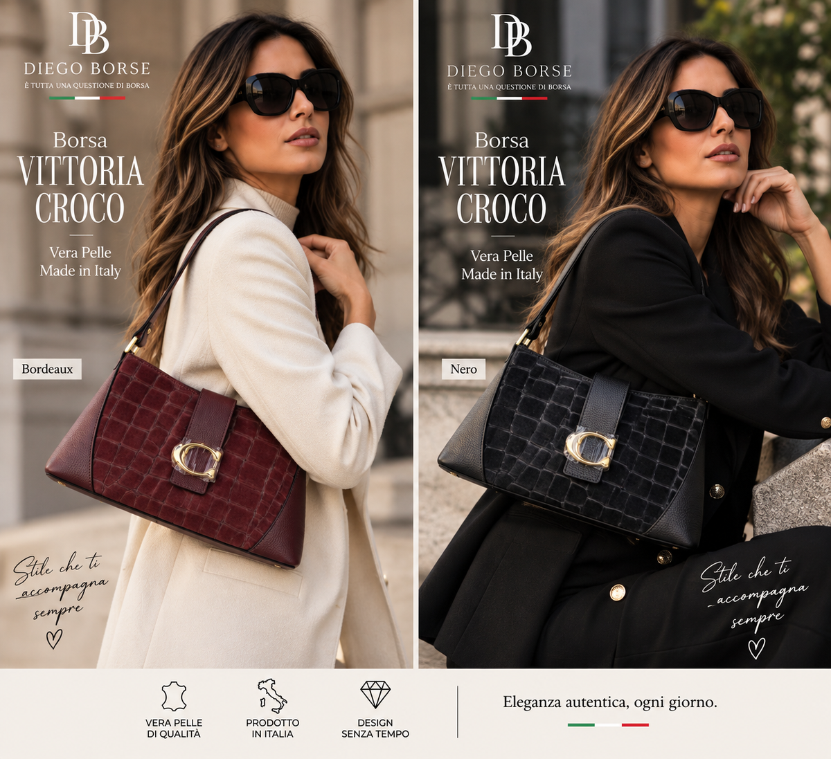 Borsa Vittoria Croco con modella - Bordeaux e Nero